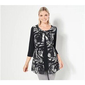 Truth Style Mix Media Printed Overlay 3/4 Sleeve Top Size M White Black A461101